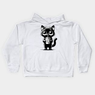 Cute Black Cat With Coffee Cup Chibi Kawaii Character Kids Hoodie